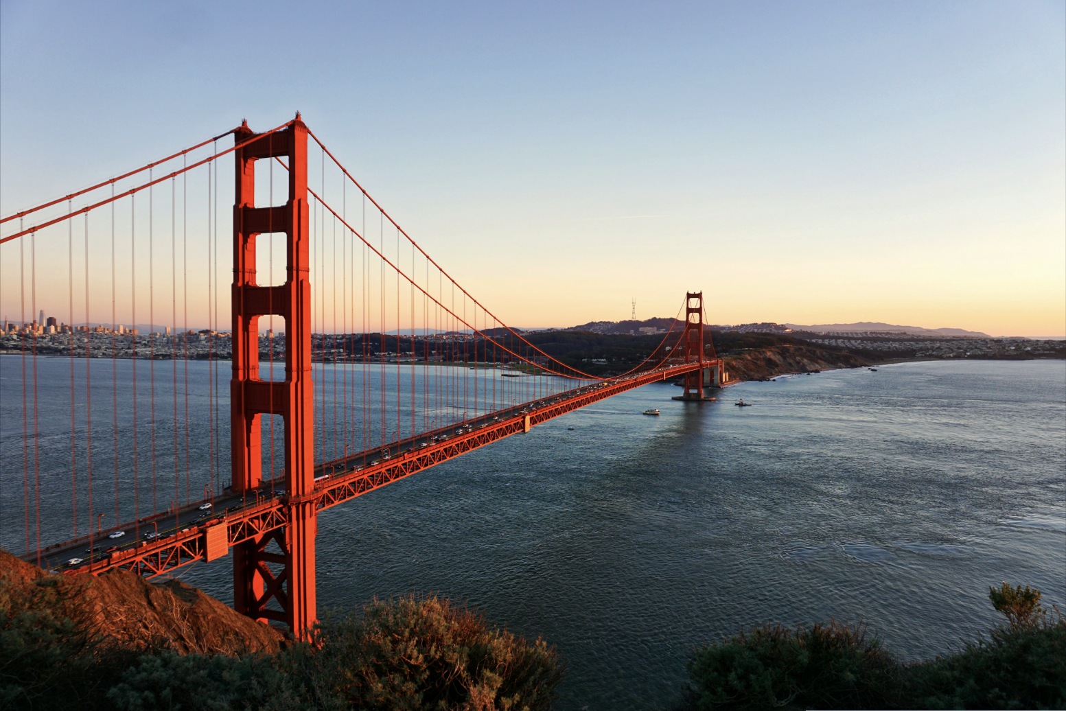 The Golden Gate Bridge at sunset, viewed from the Marin headlands with San Francisco in the background